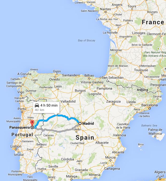 スペインの首都マドリードからポルトガルのパナスケイラ鉱山までの距離